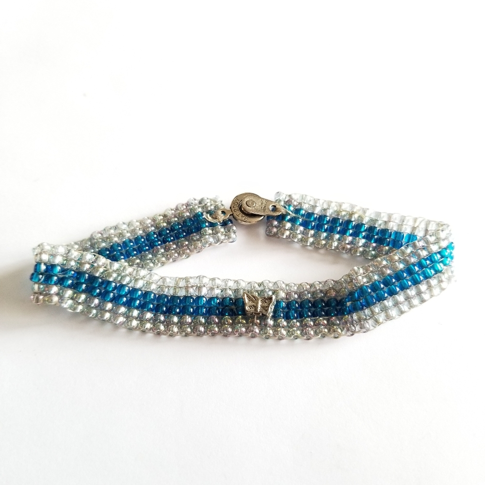 Vintage butterfly bracelet blue and AB clear snap clasp beaded seed beads